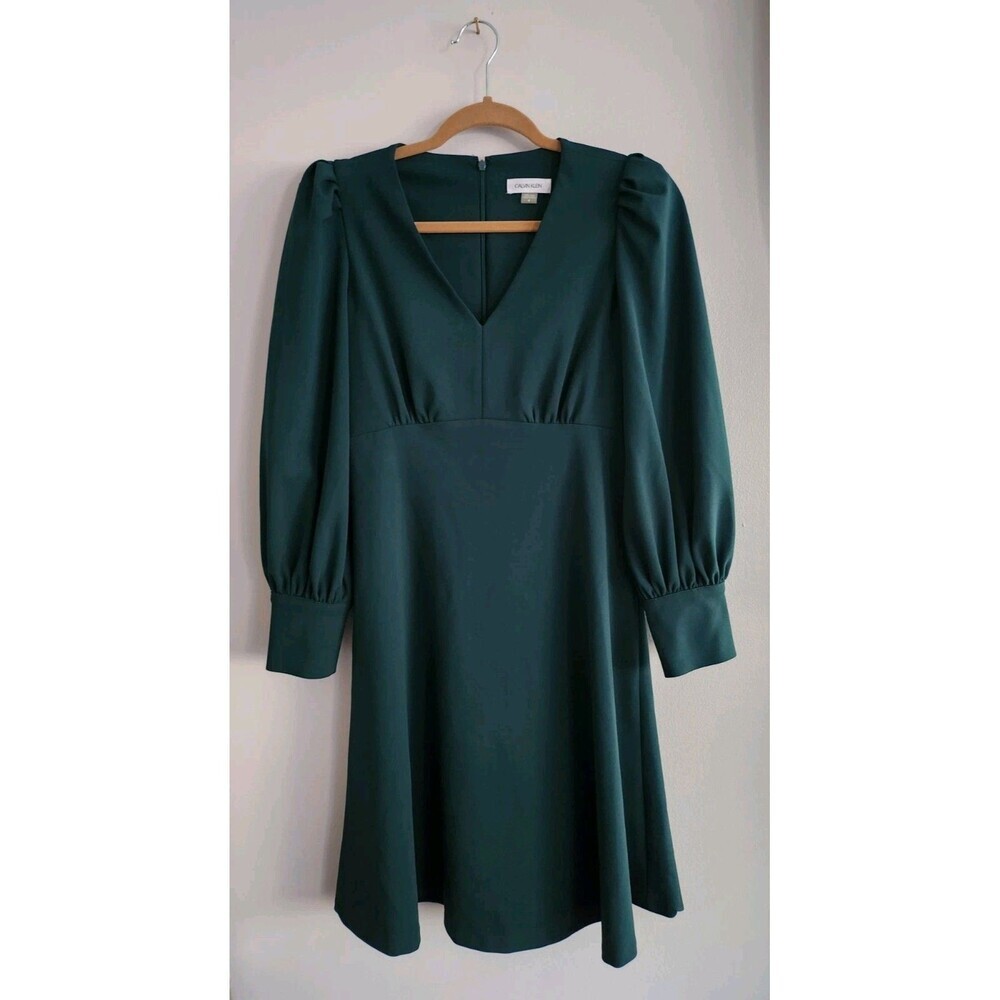 Calvin Klein Puff-Sleeve Fit-&-Flare Dress Dark Green Size 4